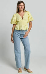 Mellie Top - Puff Sleeve Peplum Top in Yellow