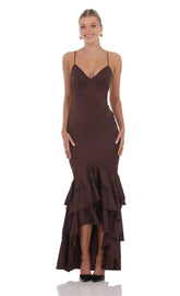 Satin Ruffle Fishtail Maxi Dress in Brown