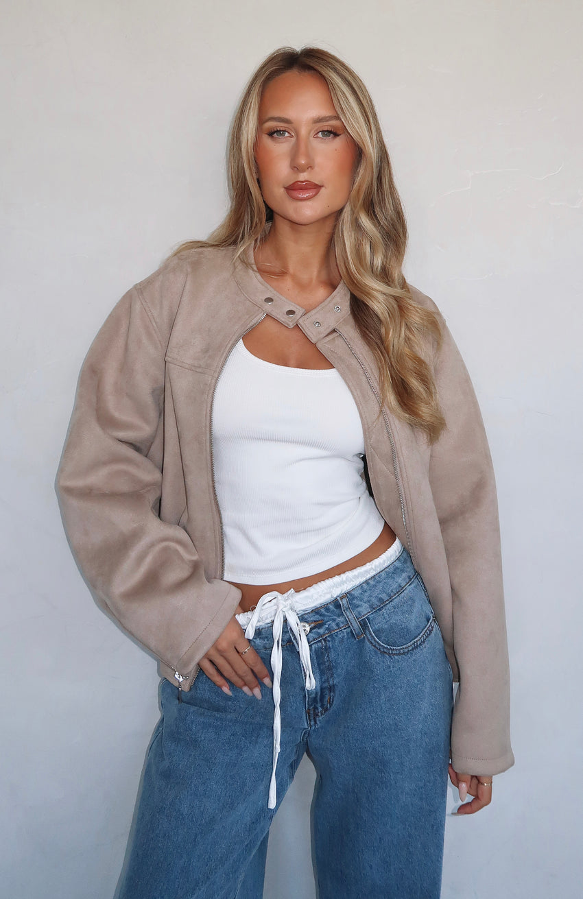 Watchin' Out Faux Suede Bomber Jacket Sand